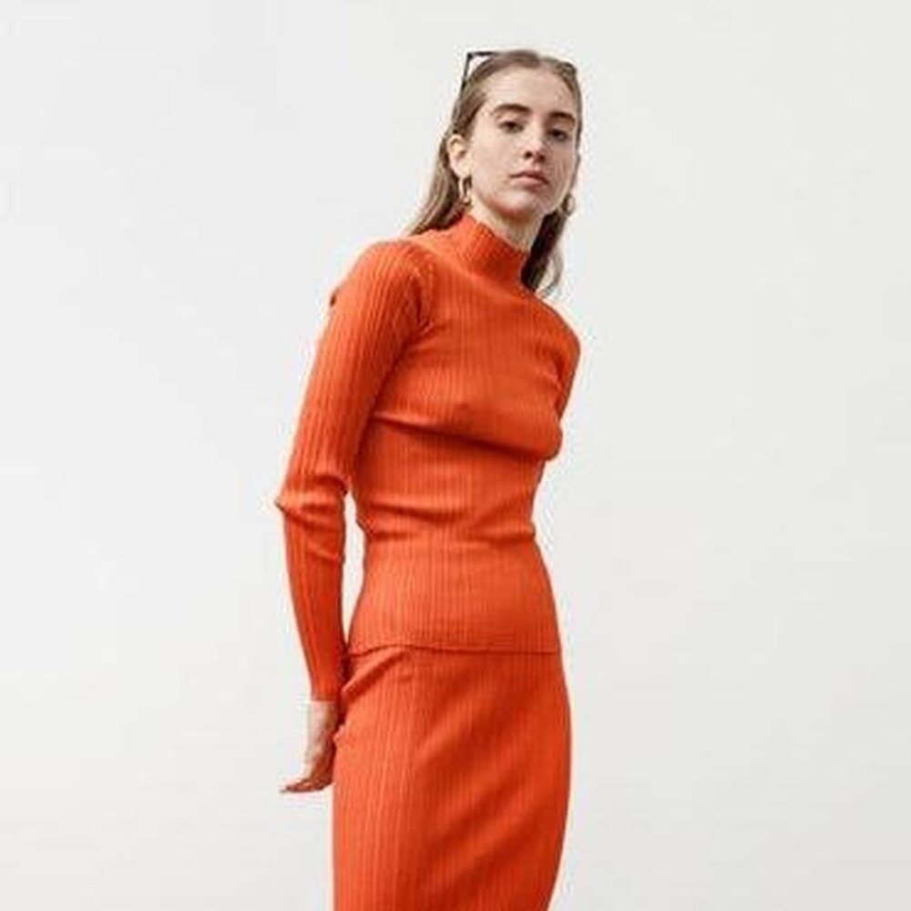 Acne Cotton Viscose Rib Stripe Long Sleeve Mock Neck Turtleneck in Orange Sz XS